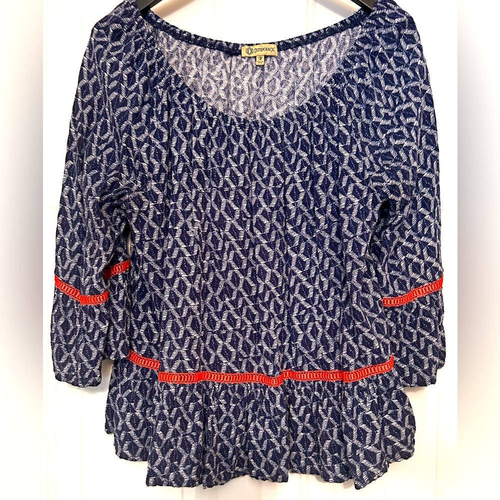 Democracy Peasant Women's Patterned Top M Blue Orange Babydoll Ruffle Hem Casual